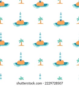 Vector lighthouses seamless pattern with waves, fish, anchor, ocean.