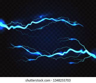 Vector lighting bolts. Realistic illustration, transparent background.