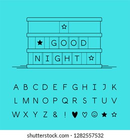 Vector lighting box icon with full set of letters. Latin alphabet. Heart, stars, and smile included. Set for customizing your own messages. Line art.