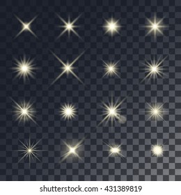 Vector lighting effects. Set of golden glints on transparent like background.