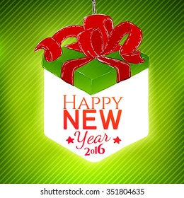 Vector lighting gift box illustration with New Year greetings. Celebration design. Holidays card for winter season. Holidays typography card. New Year background.
