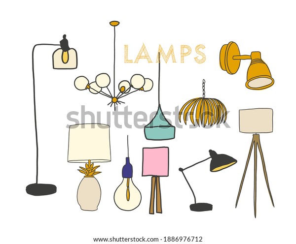 vector lighting lamp illustration. floor\
lamp, table lamp, pendant, interior\
design