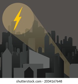 Vector of lightning bolt symbol light beaming over dark city buildings at night. graphic decor print design, superhero and comic book concept digitally generated image.