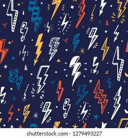 Vector Lightning Bolts Signs Seamless Pattern. Repeating  Background with Hand Drawn Doodle Thunderbolts. Thunder bolt wallpaper