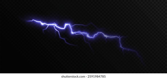 Vector lightning with a bright glow. Thunderstorm lightning, electric discharge. Natural phenomenon.