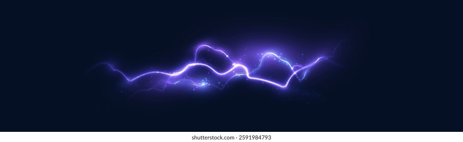 Vector lightning with a bright glow. Thunderstorm lightning, electric discharge. Natural phenomenon.