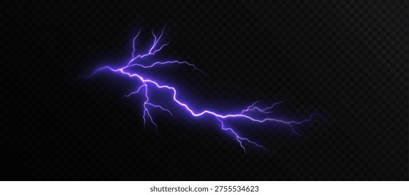 Vector lightning with a bright glow. Thunderstorm lightning, electric discharge. Natural phenomenon.