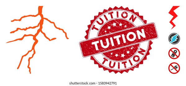 Vector lightning icon and grunge round stamp seal with Tuition text. Flat lightning icon is isolated on a white background. Tuition seal uses red color and grunge texture. Bonus icons are added.