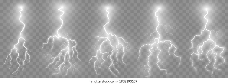 Vector lightning, lightning png set, thunderstorm, lighting. Natural phenomenon, light effect. PNG.