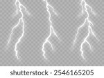 Vector lightning PNG. Thunderstorm lightning, bright flash of light png. Natural phenomenon.