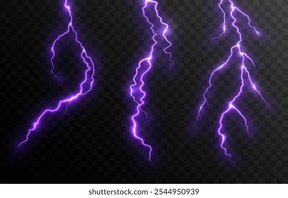 Vector lightning PNG. Thunderstorm lightning, bright flash of light png. Natural phenomenon.