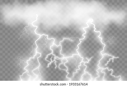 Vector Lightning, Lightning Png, Thunderstorm, Lighting. Lightning Strikes From The Cloud. Natural Phenomenon, Light Effect. PNG.