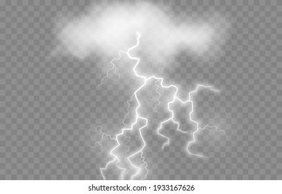 Vector Lightning, Lightning Png, Thunderstorm, Lighting. Lightning Strikes From The Cloud. Natural Phenomenon, Light Effect. PNG.