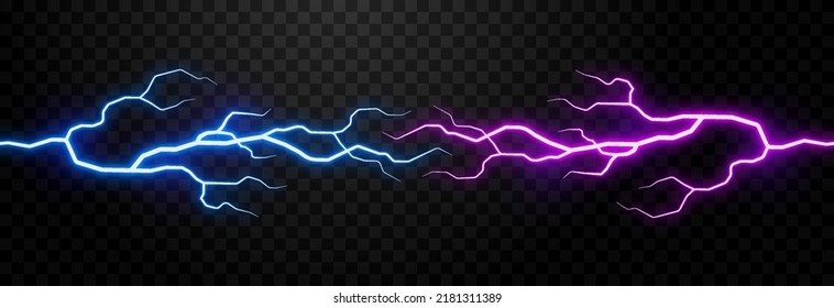 Vector lightning, lightning png, thunderstorm, lighting, flash. Blue and pink lightning. Natural phenomenon, light effect. PNG.