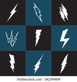 Vector lightning silhouette. Lightning Bolt icon. Set of black icons storm lightning. Thunderbolt silhouettes. Set of Thunder Lighting Icons. Lightning bolt vector. Lightning strike icon. Easy to use.