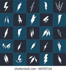 Vector lightning silhouette. Lightning Bolt icon. Set of black icons storm lightning. Thunderbolt silhouettes. Set of Thunder Lighting Icons. Lightning bolt vector. Lightning strike icon. Easy to use.