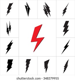 Vector lightning silhouette. Lightning Bolt icon. Set of black icons storm lightning. Thunderbolt silhouettes.  Lightning bolt vector. Lightning strike icon. Easy to use.