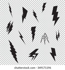 Vector lightning silhouette. Lightning Bolt icon. Set of black icons storm lightning. Thunderbolt silhouettes. Lightning bolt vector. Lightning strike icon. Easy to use.