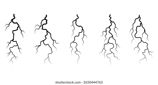 Conjunto de silhuetas para raios vetoriais. Projeto Thunderstorm. Raiz. Ilustração vetorial