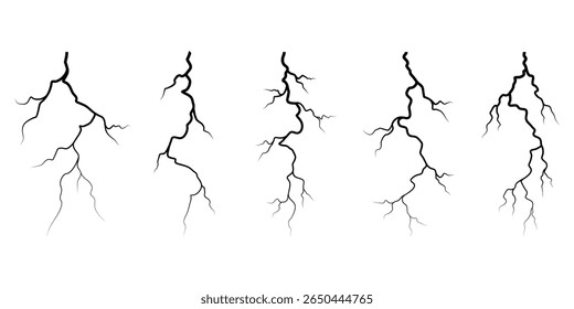 Conjunto de silhuetas para raios vetoriais. Projeto Thunderstorm. Raiz. Ilustração vetorial