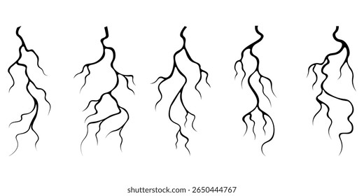 Vector lightning silhouettes set. Thunderstorm design. Root. Vector illustration