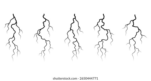 Conjunto de silhuetas para raios vetoriais. Projeto Thunderstorm. Raiz. Ilustração vetorial