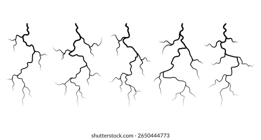 Conjunto de silhuetas para raios vetoriais. Projeto Thunderstorm. Raiz. Ilustração vetorial