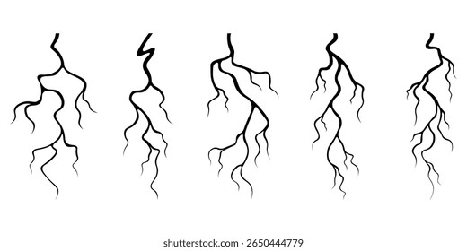 Conjunto de silhuetas para raios vetoriais. Projeto Thunderstorm. Raiz. Ilustração vetorial