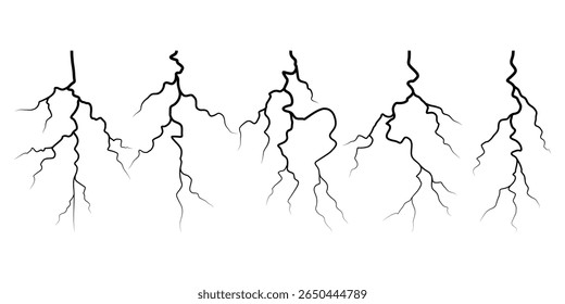 Conjunto de silhuetas para raios vetoriais. Projeto Thunderstorm. Raiz. Ilustração vetorial