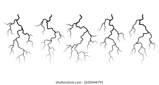 Conjunto de silhuetas para raios vetoriais. Projeto Thunderstorm. Raiz. Ilustração vetorial