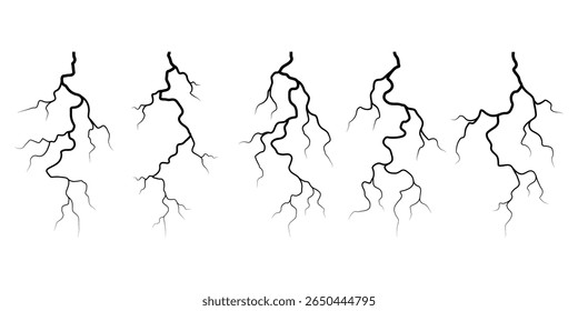 Conjunto de silhuetas para raios vetoriais. Projeto Thunderstorm. Raiz. Ilustração vetorial