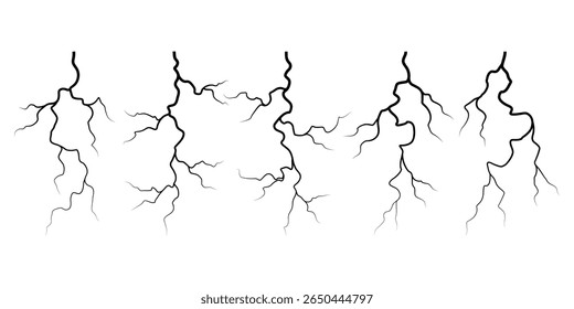 Conjunto de silhuetas para raios vetoriais. Projeto Thunderstorm. Raiz. Ilustração vetorial