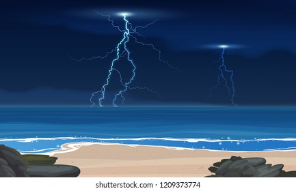 Vector lightning and thunderstorm at sea. Tropical calm sea and a sand beach before the storm vector background.