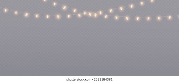 Vector lights on a transparent background. Christmas light PNG. Set of Christmas glowing garlands. For advertising invitations, web banners, postcards. Vector. Christmas decoration, LED lam