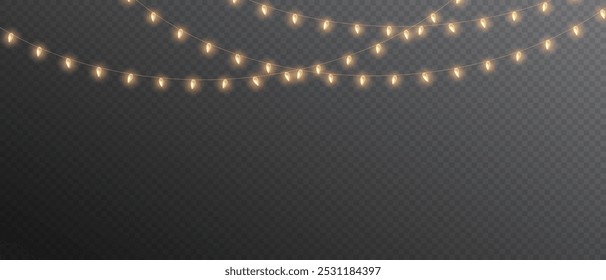 Vector lights on a transparent background. Christmas light PNG. Set of Christmas glowing garlands. For advertising invitations, web banners, postcards. Vector. Christmas decoration, LED lam