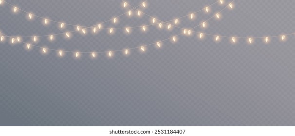 Vector lights on a transparent background. Christmas light PNG. Set of Christmas glowing garlands. For advertising invitations, web banners, postcards. Vector. Christmas decoration, LED lam