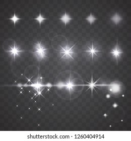 Vector lights, stars or twinkles with camera lens effects. Set of flash light, flare, glowing sparkles, spot or starlight isolated on dark transparent background