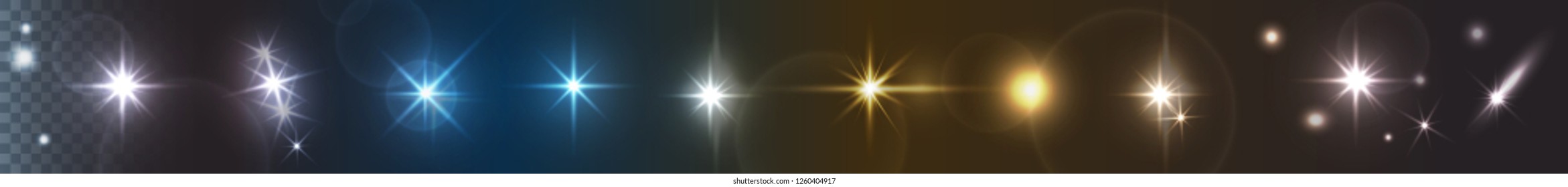 Vector Lights, Stars Or Twinkles With Camera Lens Effects. Set Of Flash Light, Flare, Glowing Sparkles, Spot Or Starlight Isolated On Dark Transparent Background