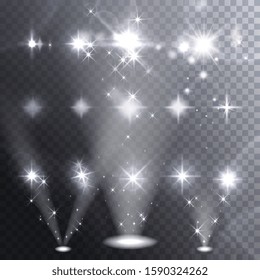 Vektorillustration Lichter, Sterne oder Zwirnklänge mit Kameraobjektiveffekten. Set Set aus Blitzlicht, Flammen, leuchtenden Funkeln, Spot- oder Starhellen einzeln auf dunktransparentem Hintergrund