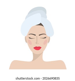 Vector light-skinned girl with a towel on her head, eyes closed isolated. Skin Care. Portrait of a woman in close-up
