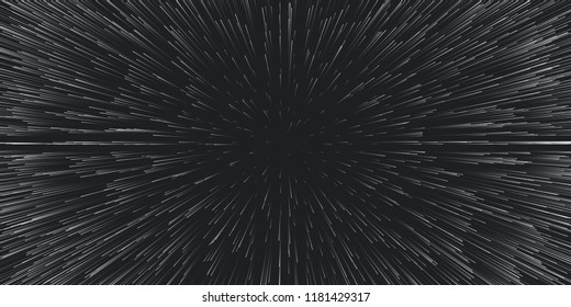 Vector lightspeed travel background. Centric motion of star trails. Light of galaxies blurred into rays or lines under high speed of motion. Burst, explosion backdrop