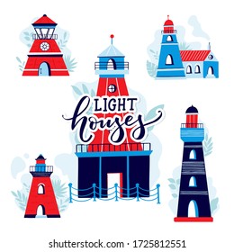 Vector Ligthouses collection. Colorful lighthouse isolated on white background. Handdrawn slyle illustration