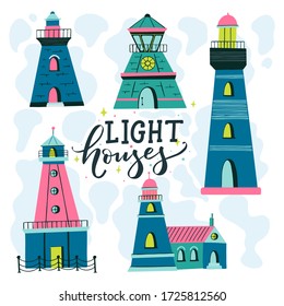 Vector Ligthouses collection. Colorful lighthouse isolated on white background. Handdrawn slyle illustration