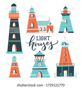 Vector Ligthouses collection. Colorful lighthouse isolated on white background. Handdrawn slyle illustration