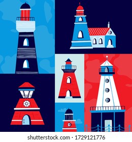 Vector Ligthouses collection. Colorful lighthouse isolated on white background. Handdrawn slyle illustration