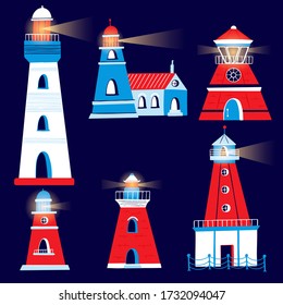 Vector Ligthouses collection. Colorful lighthouse isolated on white background. Handdrawn slyle illustration