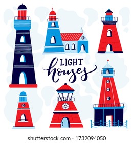 Vector Ligthouses collection. Colorful lighthouse isolated on white background. Handdrawn slyle illustration