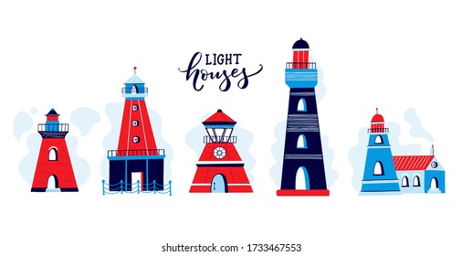 Vector Ligthouses collection. Colorful lighthouse isolated on white background. Handdrawn slyle illustration