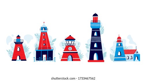 Vector Ligthouses collection. Colorful lighthouse isolated on white background. Handdrawn slyle illustration