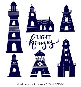 Vector Ligthouses collection.  Lighthouse icon isolated on white background. Handdrawn slyle illustration